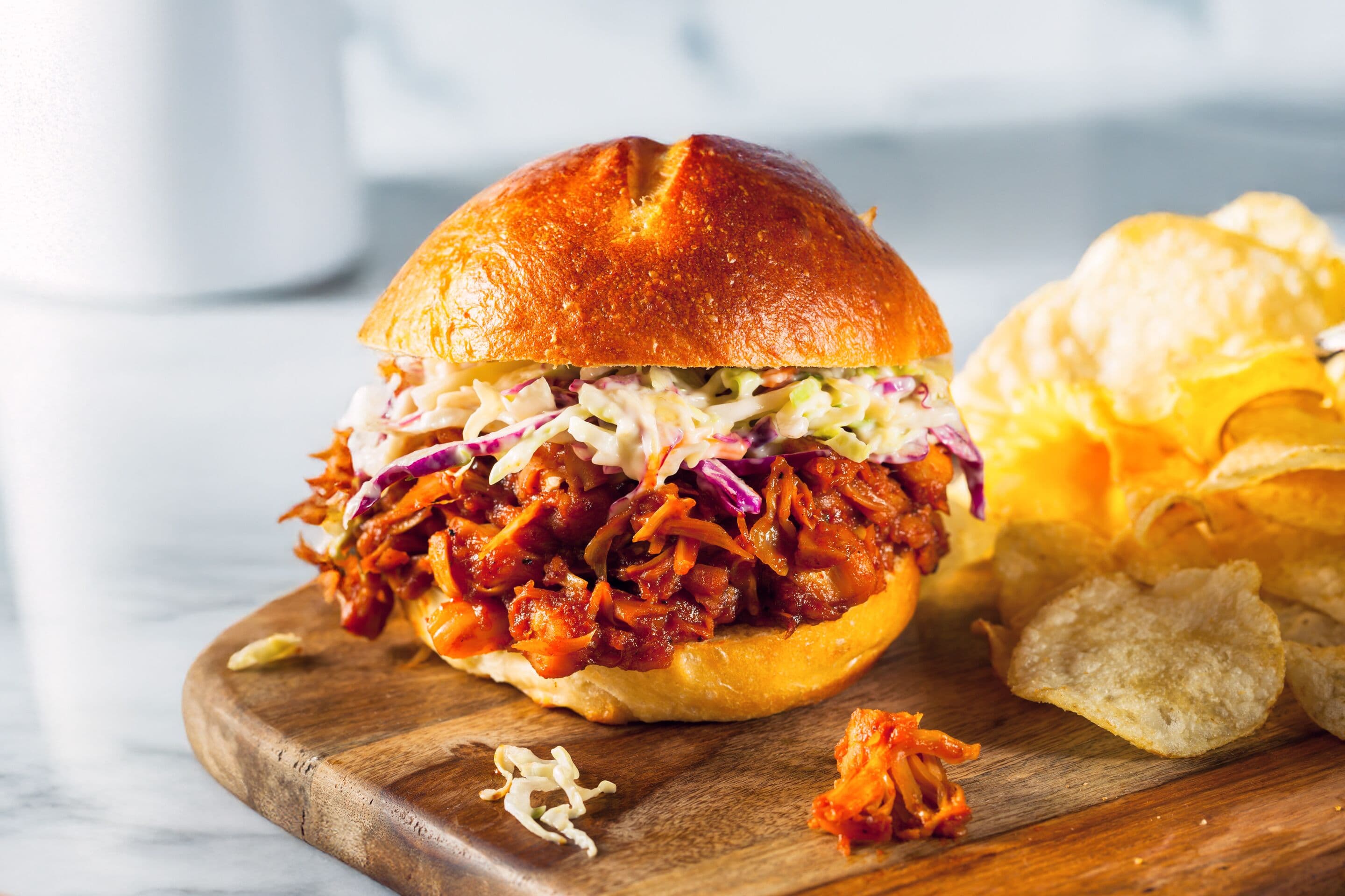 Plant-based Pulled Jackfruit BBQ Sandwich with Coleslaw and Chips